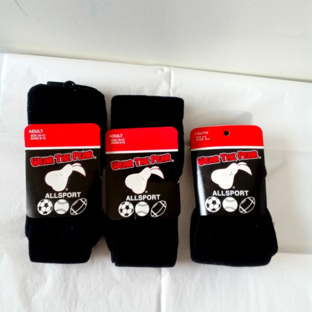 Pearsox NWT Lot of 3 Wear The Pear Allsport Black Tube Socks Adult 2 Youth 1 New